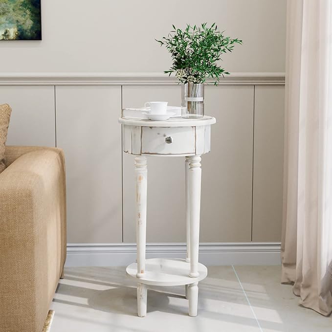 SUNBURY 28" H Tall End Table with Drawers & Lower Shelf, Round Nightstand Set of 2, Accent Side Table for Living Room, Bedroom, Small Spaces (White)