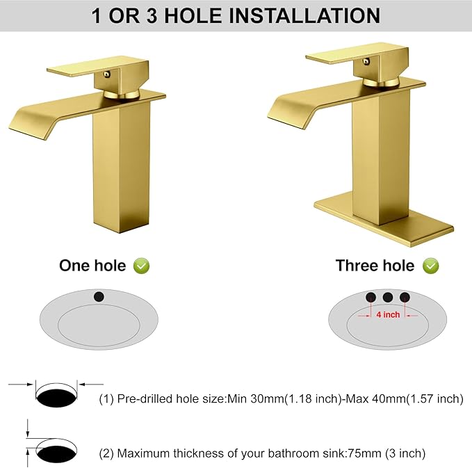 Midanya Waterfall Bathroom Faucets, Single Handle 1 Hole Bathroom Sink Faucet Modern RV Vanity Restroom Lavatory Basin Faucet with Pop Up Drain and Water Supply Lines,Brushed Gold