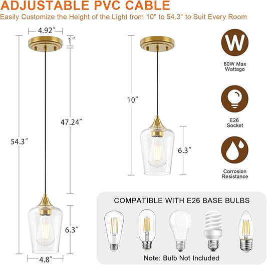 Ralbay Farmhouse Brushed Gold Pendant Light 3-Pack, Pendant Light Fixtures with Wine Clear Glass Shade, Kitchen Island Lighting for Dining Room, Rustic Adjustable Hanging Lighting Fixture