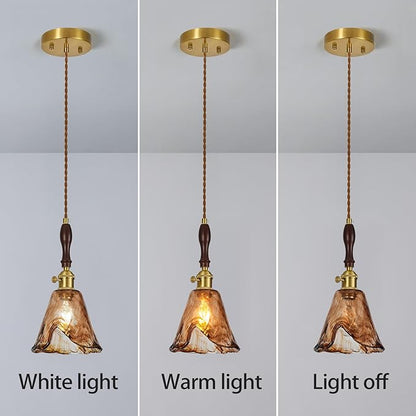 Amber Glass Vintage Pendant Light Height Adjustable Handmade Glass Pendant Lights Kitchen Island Gold Hanging Light Fixture with Wood Handle for Bedroom Dining Room Hotel (3 Pack)