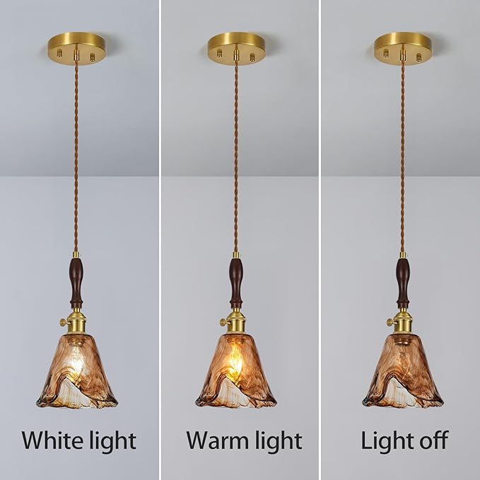 Amber Glass Vintage Pendant Light Height Adjustable Handmade Glass Pendant Lights Kitchen Island Gold Hanging Light Fixture with Wood Handle for Bedroom Dining Room Hotel (2 Pack)