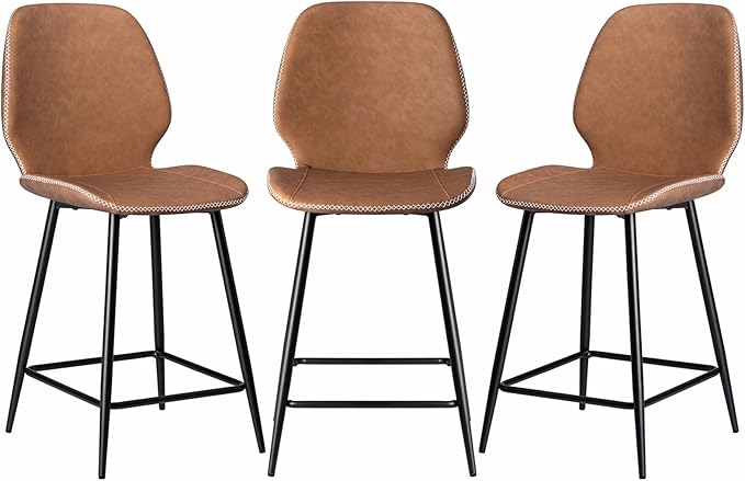 HOMMPA Counter Height Bar Stools Set of 3 Faux Leather 24'' Countertop Stool Chairs with Metal Legs Ergonomic Back Barstools for Kitchen Island Home Brown