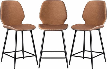 HOMMPA Counter Height Bar Stools Set of 3 Faux Leather 24'' Countertop Stool Chairs with Metal Legs Ergonomic Back Barstools for Kitchen Island Home Brown