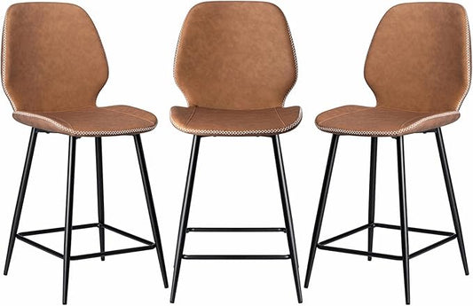 HOMMPA Counter Height Bar Stools Set of 3 Faux Leather 24'' Countertop Stool Chairs with Metal Legs Ergonomic Back Barstools for Kitchen Island Home Brown