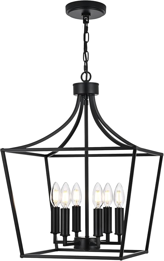6-Light Farmhouse Dining Room Cage Chandelier, Black Ceiling Pendant Light Fixture Height Adjustable for Kitchen Island Over Table, E12 Bulb Base