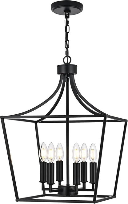 6-Light Farmhouse Dining Room Cage Chandelier, Black Ceiling Pendant Light Fixture Height Adjustable for Kitchen Island Over Table, E12 Bulb Base