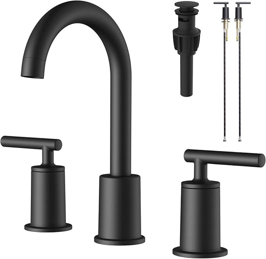 VXV Matte Black Bathroom Faucet 3 Hole Widespread with Easy Installation, 2-Handle 8 Inch Bathroom Sink Faucet 360° Swivel Spout, Pre-Attached Hoses & Drain Included, Vanity Faucet for Bath Sink