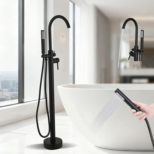 Freestanding Bathtub Faucet - Free Standing Tub Faucet with Swivel Gooseneck Spout and Cylinder Handheld for Bathroom Bathtubs, Matte Black
