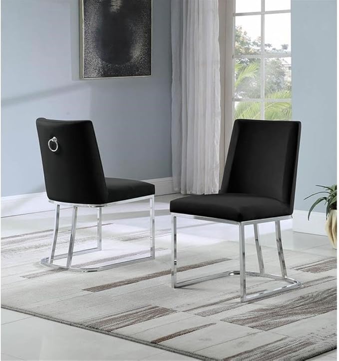 Modern Chairs Set of 2, Chrome Side Chairs & Counter Stools with Ring Pull Back, Luxury Upholstered Chairs for Kitchen Island, Dining Room & Home Bar (Velvet, Black/Silver, Side Chair)