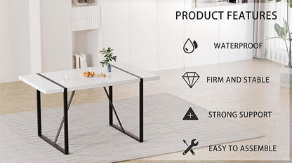 55" Stain-Resistant Dining Table, Kitchen Table with Metal Legs, Dinner Tables with Stable Frame for Dining Room & Living Space, White