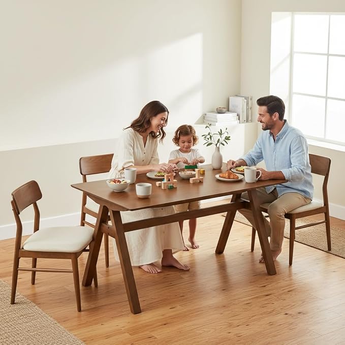 LukeAlon Solid Wood Dining Table 4-6-Seater 59" Large Farmhouse Kitchen Table, Heavy Duty Rustic Style, Natural Wood Dining Room Table for Home, Easy Assembly, Walnut