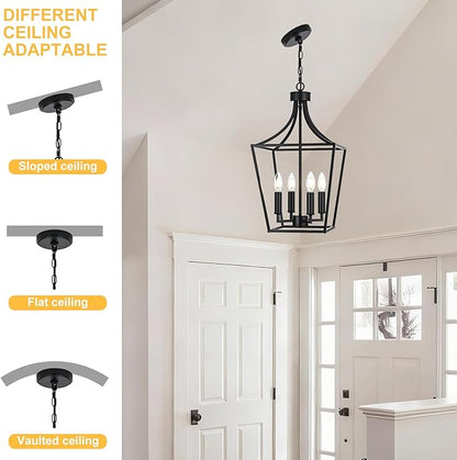 4-Light Farmhouse Lantern Chandelier, Black Pendant Light Fixture Adjustable Height for Kitchen Island Dining Room Foyer, Hanging Ceiling Lighting E12 Bulb Base