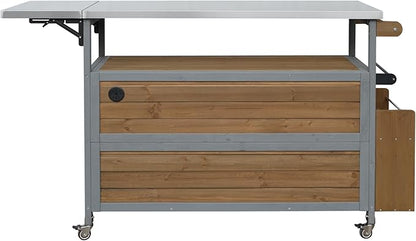 JIJIWANG 60.6" Mobile Kitchen Storage Island with Storage Cabinet and Towel Rack, Foldable Outdoor Kitchen Island with Stainless Steel Top and Lockable Wheels for Patio and Outdoor Espresso+Grey