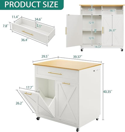 YITAHOME Double Tilt Out Trash Cabinet with Power Outlet, Hidden Trash Cabinet Fit 20-Gallon Bin, Pet-Proof Rolling Garbage Can Storage, Garbage and Recycling Island for Kitchen Dining Room, White