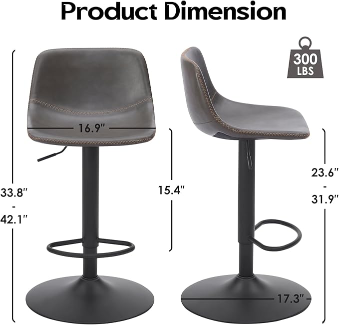 Adjustable Bar Stools Set of 2, Swivel Bar Stools, Bar Height Stools with Back Support Counter Height Bar Chairs Pu Leather Bar Stool for Kitchen Island Rustic Bar stools