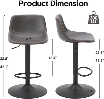Adjustable Bar Stools Set of 2, Swivel Bar Stools, Bar Height Stools with Back Support Counter Height Bar Chairs Pu Leather Bar Stool for Kitchen Island Rustic Bar stools