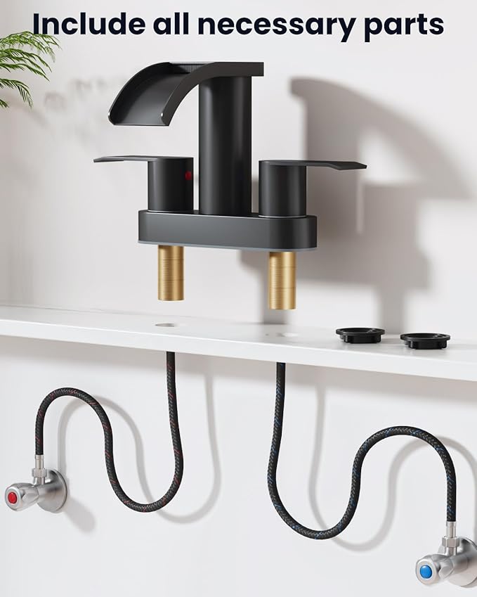 gotonovo 4 Inch Centerset Waterfall Bathroom Sink Faucet Deck Mount 2 Handle Basin Faucets 2 or 3 Hole with Pop Up Drain Included Lavatory Modern Mixer Tap Vanity Faucet Matte Black
