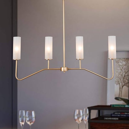 KSANA Gold Chandeliers for Dining Room, 4-Light Modern Pendant Light Fixtures, 32'' Linear Kitchen Island Lighting with Frosted Glass Shade