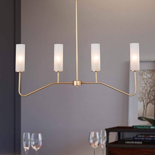 KSANA Gold Chandeliers for Dining Room, 4-Light Modern Pendant Light Fixtures, 32'' Linear Kitchen Island Lighting with Frosted Glass Shade