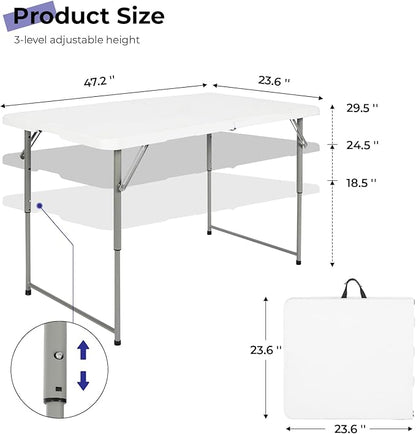 Byliable Folding Table 4 Foot Portable Heavy Duty Plastic Fold-in-Half Utility Table Small Indoor Outdoor Adjustable Height Folding with Carrying Handle, Camping and Party,White | Portable, Heavy Duty, Fold-in-Half, Indoor Outdoor, Adjustable Height, F...