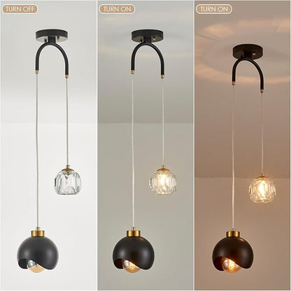 2 - Light Modern Pendant Light with Crystal Accent, Black Pendant Light Hallway, Unique Hanging Light Fixture for Entryway Bedroom Kitchen Island