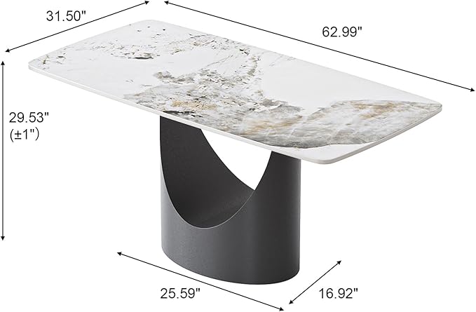 Large Sintered Stone Dining Table 63 Inch, Minimalist Rectangle Kitchen Table with Durable 12mm Top, Anti-Scratch Metal Base, Multifunctional Conference Desk for Dining Room