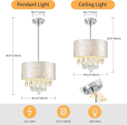 LumFurn D12 inch Capiz Shell Crystal Drum Chandeliers, 3-Light Coastal Style Pendant Light Fixture for Dining Room, Living Room, D12 x H19~49"(Adjustable Height), Shell Lampshade & Chrome Finish