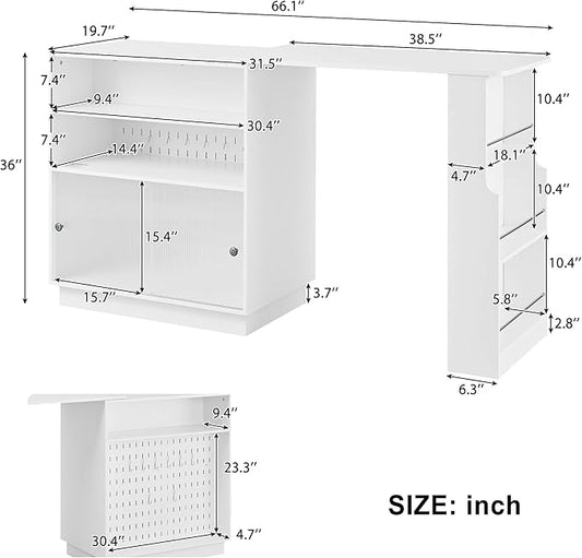 Modern Counter Height Dining Table,Extendable Kitchen Island & Buffet with Acrylic Sliding Doors,Pegboard,Half-Open Storage Shelves,Aluminum Alloy Handles (White-MC)