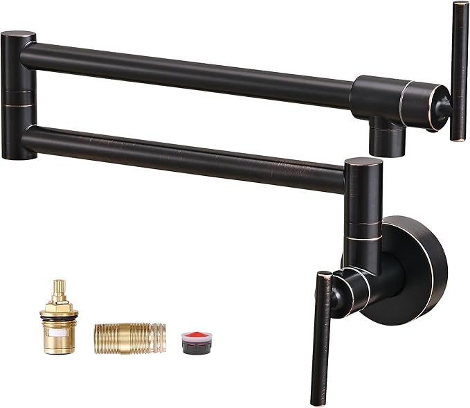 Fransiton Oil-Rubbed Bronze Pot Filler, Pot Filler Faucet Wall Mount, Brass Folding Stretchable with Double Joint Swing Arm Single Hole Two Handles Kitchen