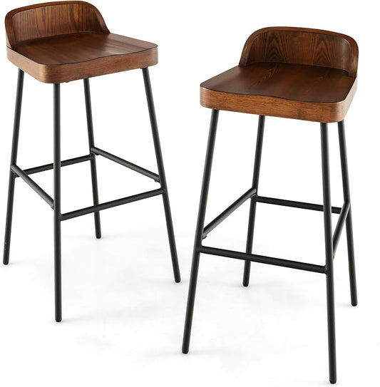 Giantex 29" Bar Height Bar Stools Set of 2, Industrial Wood Barstools with Metal Legs, Chic Low Back, Curved Seat Surface, Max Load 330 Lbs, Wooden Armless Bar Dining Chairs for Kitchen Island Pub