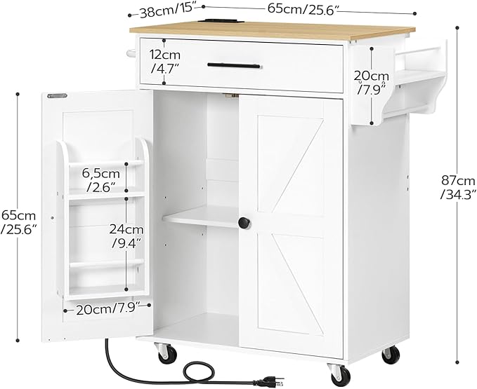 HOOBRO Kitchen Island with Power Outlet, Rolling Kitchen Island with Large Worktop, Kitchen Island Cart with Spice Rack and Drawer, Island Table for Dining Room, White and Natural WN88UZD01