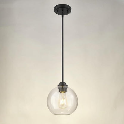 8 inch Matte Black Pendant Light, Mid Century Globe Haning Light Fixture Ceiling with Clear Glass for Kitchen Island Dining Room Bedroom Hallway Foyer (1 Pack), PL101BK-L