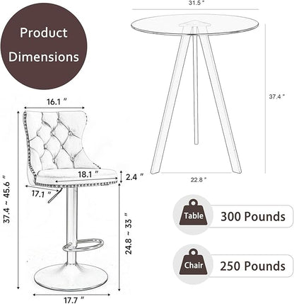 3 Pcs Modern Clear Glass High Top Bar Table Set, Adjustable Bar Stools Island Chairs, Round Pub Table with 2 Velvet Counter Stools for Home Kitchen (Black Metal Legs, Clear Top + Black Chair)