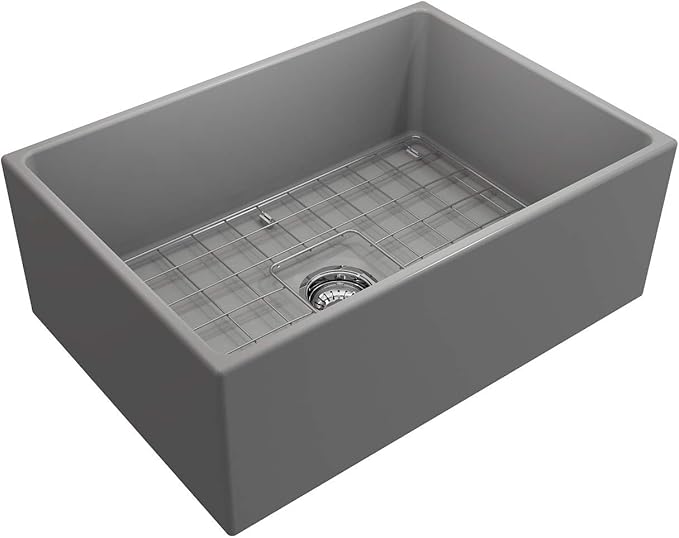 BOCCHI Contempo Farmhouse Apron Front Fireclay 27 in. Single Bowl Kitchen Sink with Protective Bottom Grid and Strainer in Matte Gray