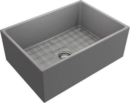BOCCHI Contempo Farmhouse Apron Front Fireclay 27 in. Single Bowl Kitchen Sink with Protective Bottom Grid and Strainer in Matte Gray