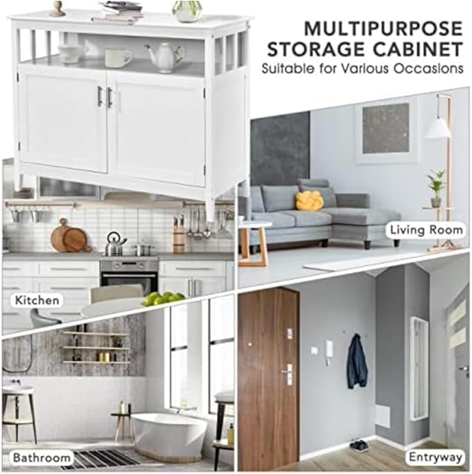 Sideboard Buffet Storage Cabinet Wood Kitchen Cupboard Server Console Island Table 2 Doors Storage Chest with Top Open Shelf (White)