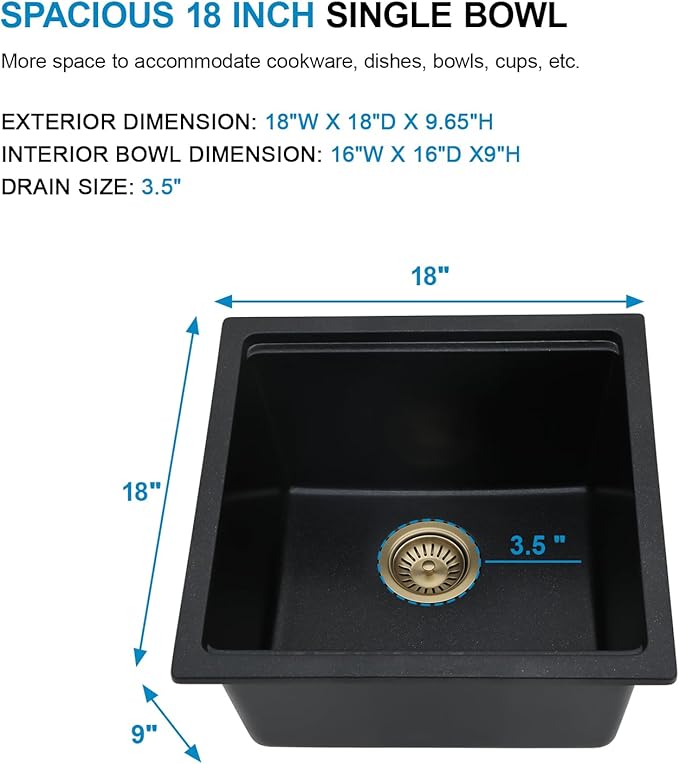 18 Black Undermount Bar Sink- 18''x18'' Black Wet Bar Prep Sink Under Counter Granite Composite Quartz Small Workstation Sinks Natural Stone Single Bowl