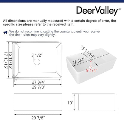 DeerValley Farmhouse Kitchen Sink 30 Inch, Fireclay White Apron Front Farm Sink, Single Bowl Deep Drop-in Undermount Reversible Sink with Grid & Strainer