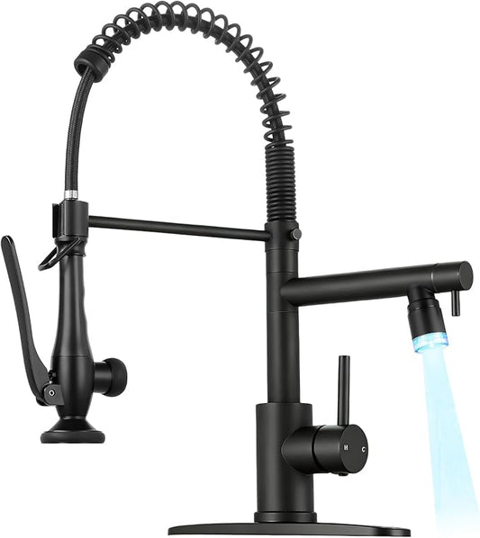 LED Kitchen Faucet with Pull Down Sprayer - Matte Black Single Handle Commercial Kitchen Faucets, 2-Spout Stainless Steel Spring Pull Out Kitchen Sink Faucet 1/3 Hole with Deck Plate