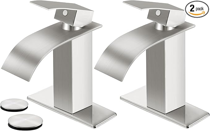 Brushed Nickel Bathroom Faucets *2, Waterfall Bathroom Sink Faucet Modern Single Handle Bathroom Faucte 1 or 3 Hole, RV Mixer Tap Vanity Faucet - Includes Pop-up Drain