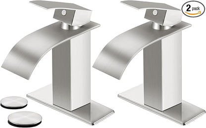 Brushed Nickel Bathroom Faucets *2, Waterfall Bathroom Sink Faucet Modern Single Handle Bathroom Faucte 1 or 3 Hole, RV Mixer Tap Vanity Faucet - Includes Pop-up Drain
