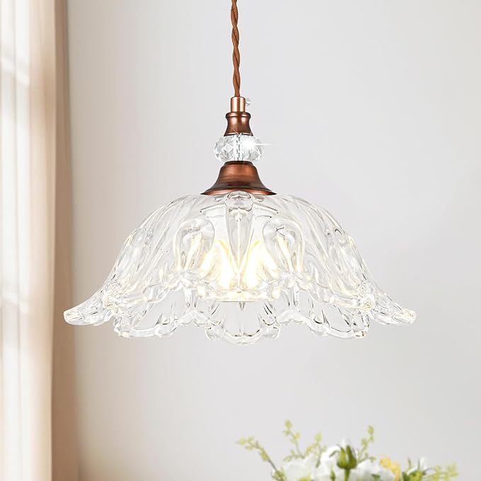 1 Piece Vintage Chandelier Light Fixtures with Crystal Glass Shade, Antique Red Bronze Finish Pendant Light for Kitchen Island, Hanging Light Fixture for Dining Room, Hallway, Living Room, Bedroom