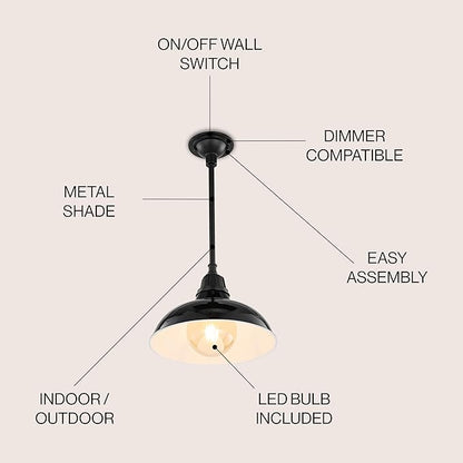 JONATHAN Y 12.25" Black 1-Light Farmhouse Indoor/Outdoor LED Pendant Iron Hanging Light, and Black Metal Shade, Rustic Ceiling Lamp for Kitchen Island, LED Bulb Included (JYL7611B)