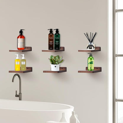 Small Floating Shelf, 5x6 Inch Display Ledges for Wall,Mini Shelves,Rustic Wood Shelf for Bedroom Living Room Bathroom Kitchen (6, Light Walnut)