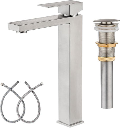 AVSIILE Vessel Sink Faucet, Brushed Nickel 1 Hole Single Handle Tall Bathroom Vanity Faucets, Modern Utility Rv Laundry Bath Restroom Mixer Tap with Metal Pop Up Drain and 2 Water Supply Lines