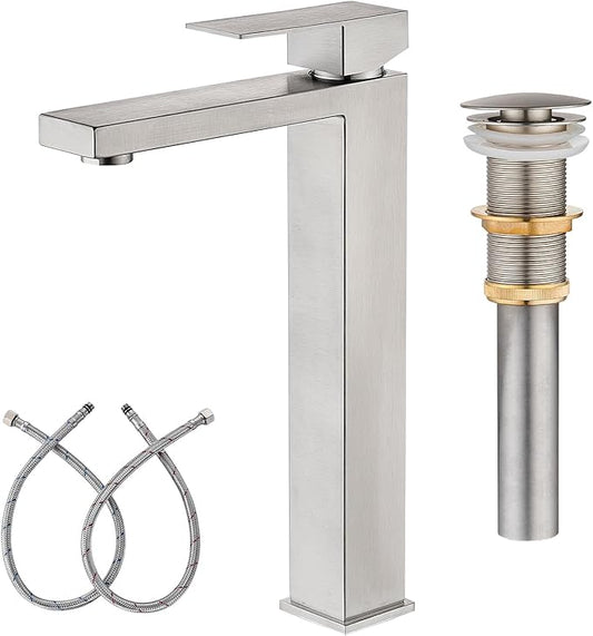 AVSIILE Vessel Sink Faucet, Brushed Nickel 1 Hole Single Handle Tall Bathroom Vanity Faucets, Modern Utility Rv Laundry Bath Restroom Mixer Tap with Metal Pop Up Drain and 2 Water Supply Lines