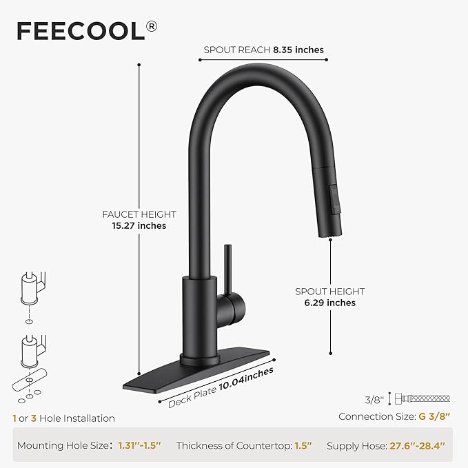 Black Kitchen Faucet with Pull Down Sprayer, Stainless Steel Kitchen Sink Faucet Classic High Arc Single Handle with Deck Plate for 1 or 3 Hole, Fit for Farmhouse Bar Laundry Camper