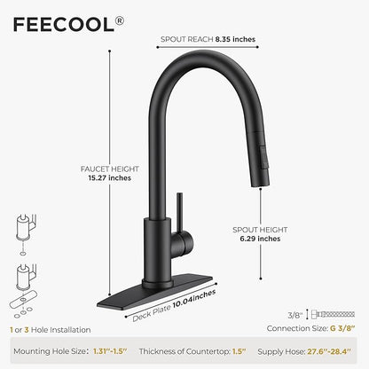 Black Kitchen Faucet with Pull Down Sprayer, Stainless Steel Kitchen Sink Faucet Classic High Arc Single Handle with Deck Plate for 1 or 3 Hole, Fit for Farmhouse Bar Laundry Camper