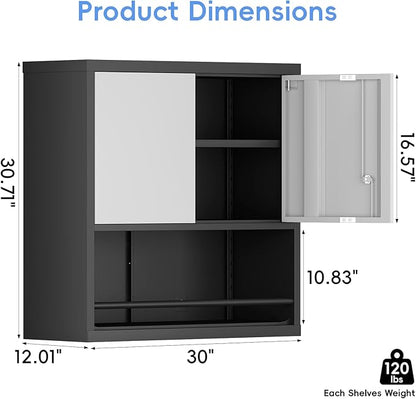 Locking Cabinet, Black Wall Storage Cabinet with Shelves, Hanging Cabinets with Open Storage, Small Wall Cabinet, Lockable Tool Cabinet for Basement, School, Office