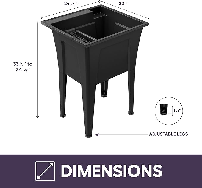 24” Utility Sinks for Laundry Room, Garage, Garden, Basement – Noah William Home Indoor and Outdoor Polypropylene Basement Wash Tub - No Faucet Included (Black)